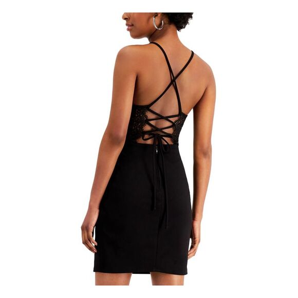 CITY STUDIO Womens Black Lace Sleeveless Halter Short Cocktail Sheath Dress 1 - Picture 2 of 4